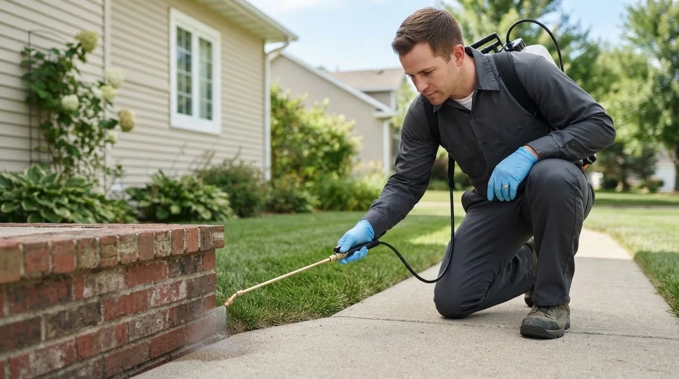 Pest control technician treating a home near Beavercreek, OR